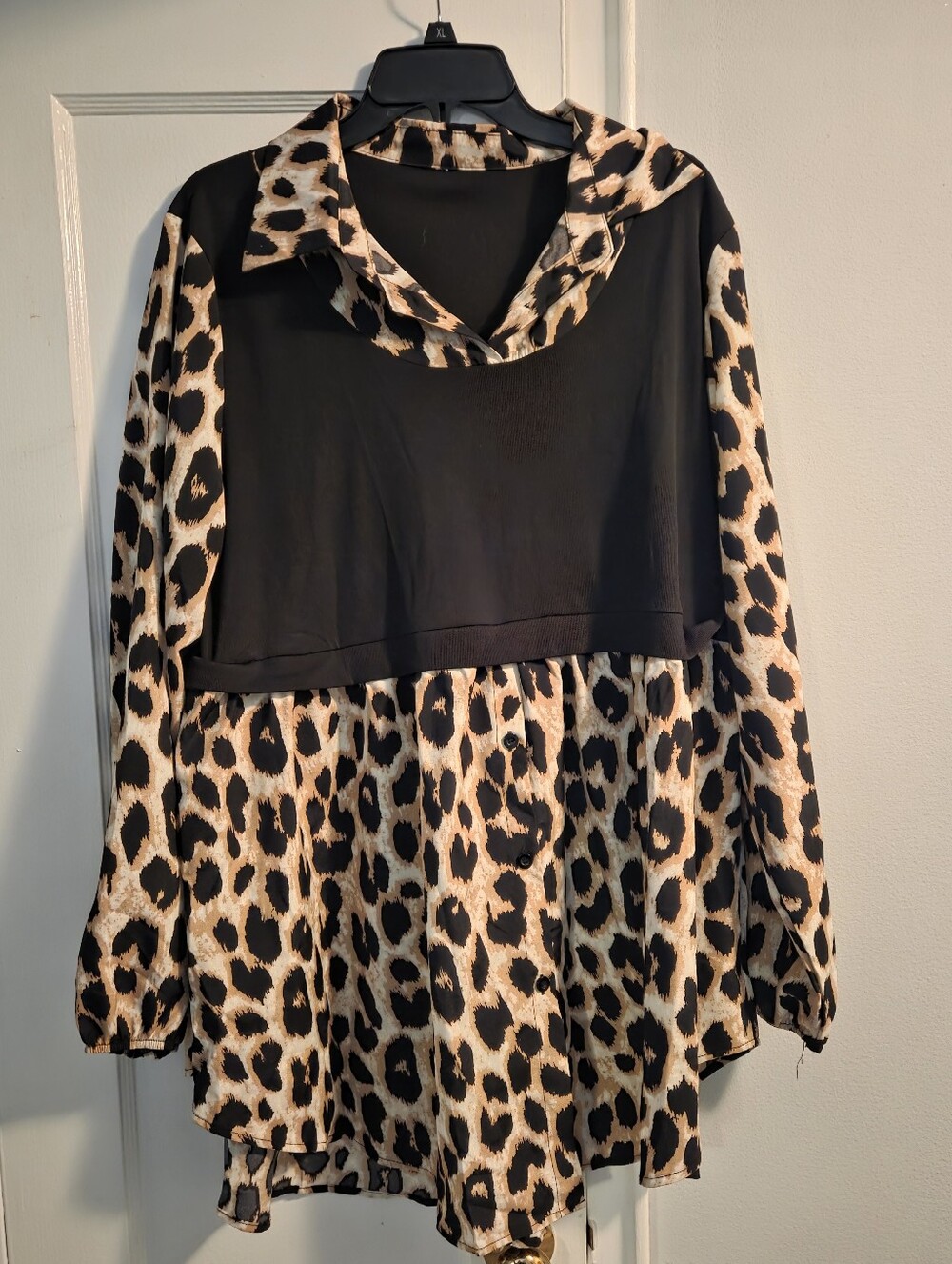 Leopard Print Mixed-Media Blouse in Black & Tan